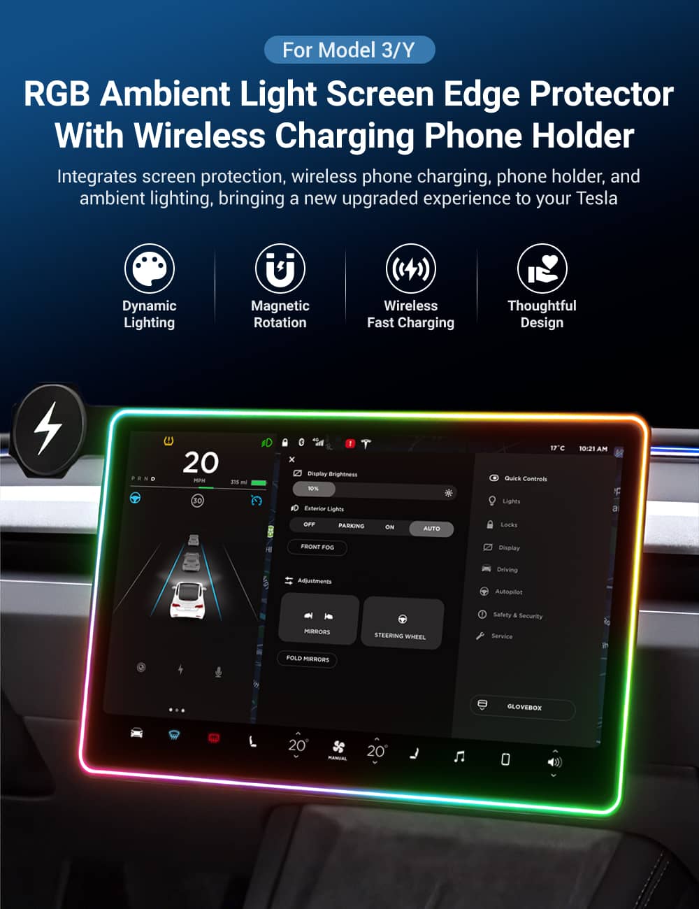Ambient Light Screen Edge Protector with Wireless Charging Phone Holder