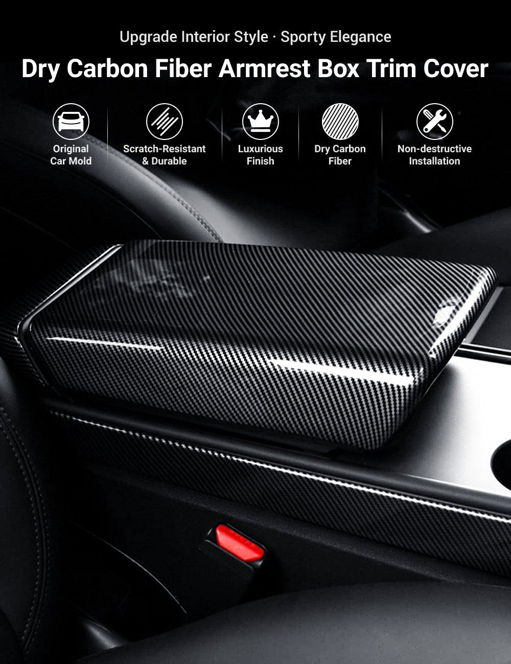 Glossy Dry Carbon Fiber Armrest Box Trim Cover for Cybertrunk