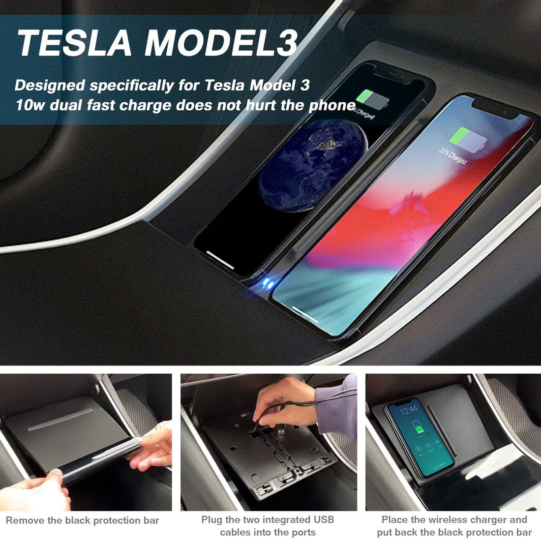 Dual Wireless Phone Charger with USB Splitter Cable for Tesla Model 3