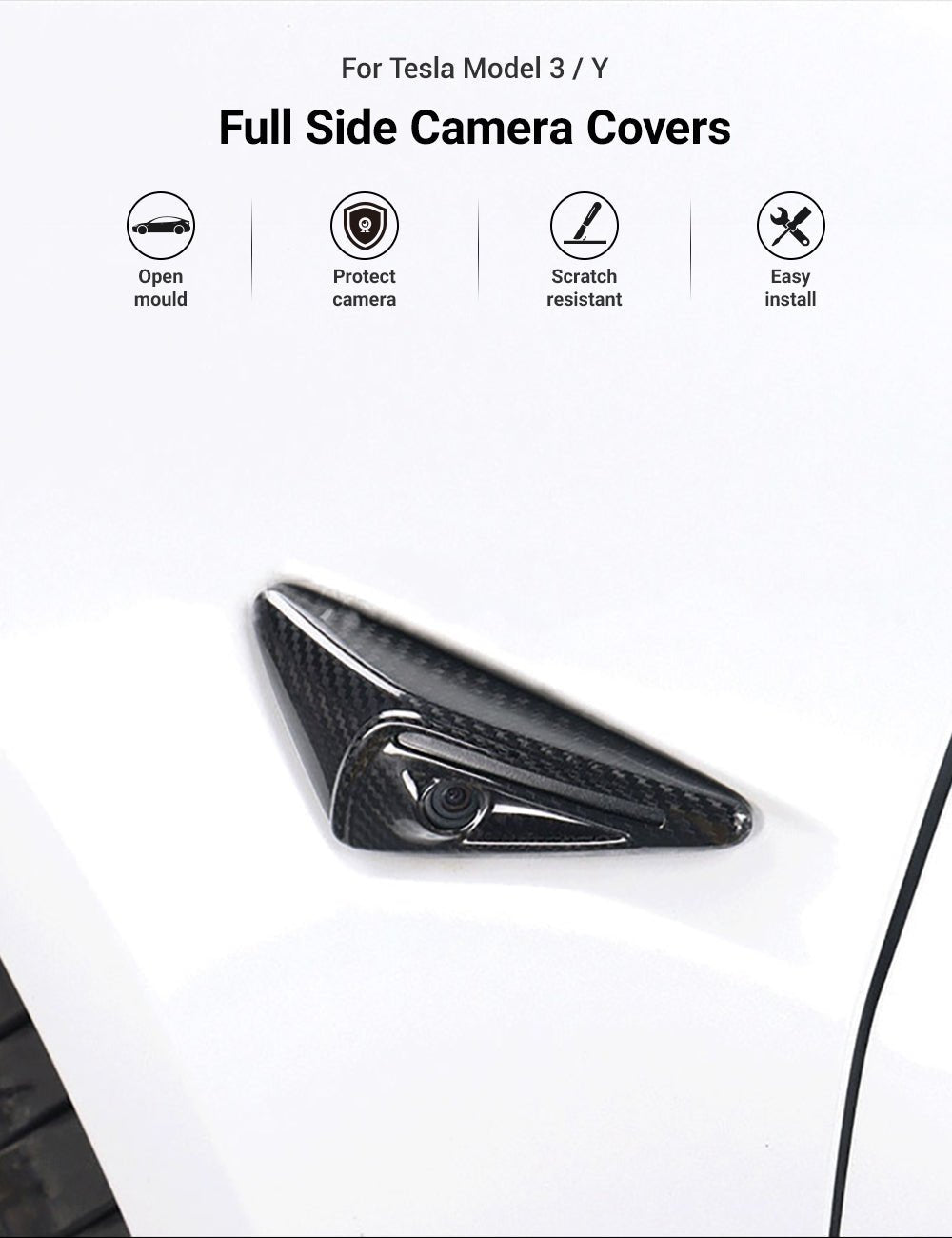 Glossy Carbon Fiber Full Side Camera Covers for Tesla Model 3