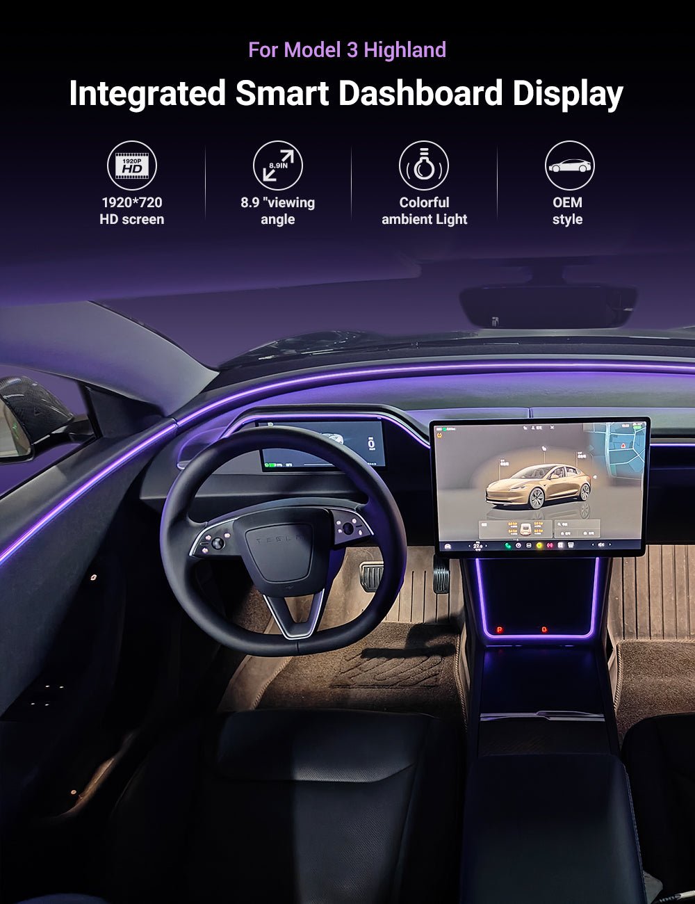 APTESL 8.9'' Integrated Dashboard Display with Ambient Lighting for Model 3 / Y