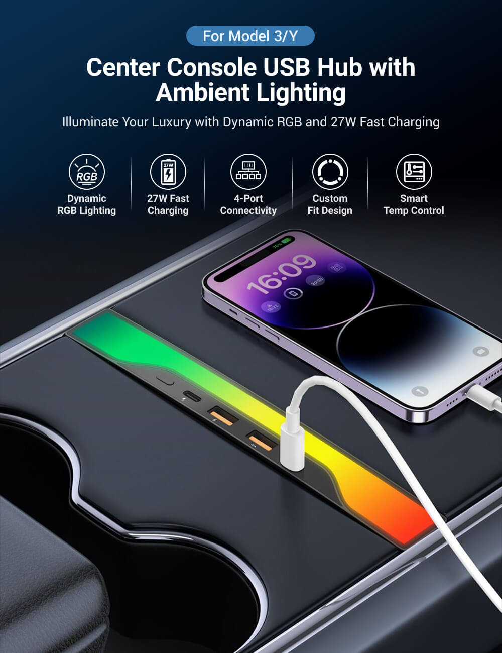 APTESL Center Console USB Hub with Ambient Lighting for Model 3/Y