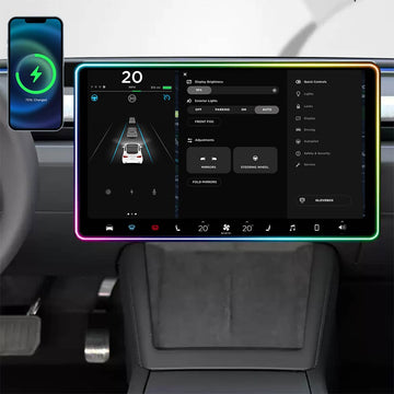Ambient Light Screen Edge Protector with Wireless Charging Phone Holder for Model 3/Y
