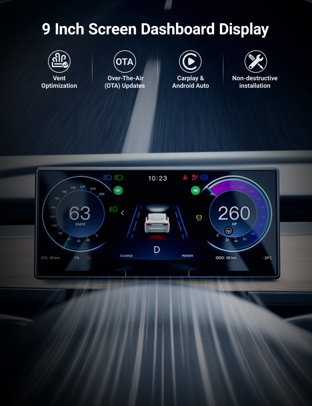 APTESL 9'' Screen Dashboard Display With Carplay & Android Auto for Mo ...