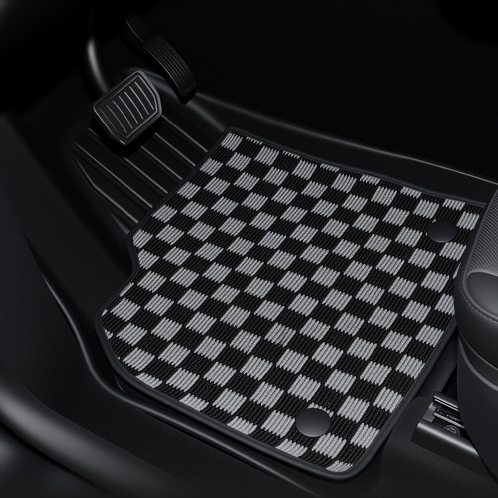 Tesla Y Black and White Plaid Double Floor Mat